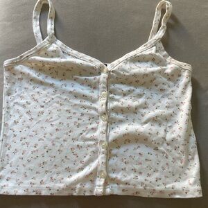 John Galt-Brandy Melville White and Pink Floral 100% Cotton Tank Top w/ Buttons
